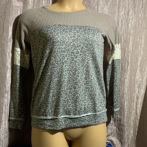 Knox Rose Top Blouse XS Brown Blue Cream Floral Lace Animal Print Long Sleeve